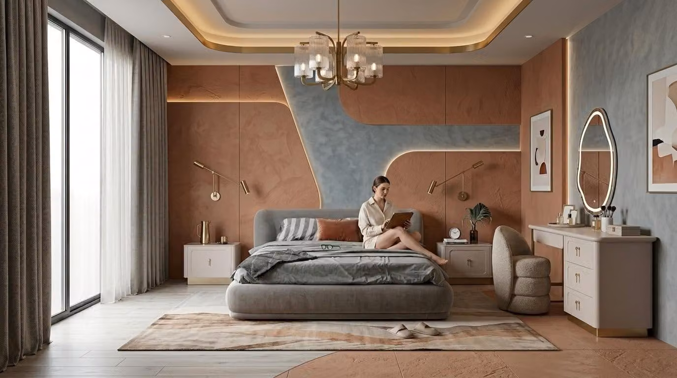 Due comodini, un tavolino da trucco con specchio e una panca, stile moderno, colore grigio, confortevoli