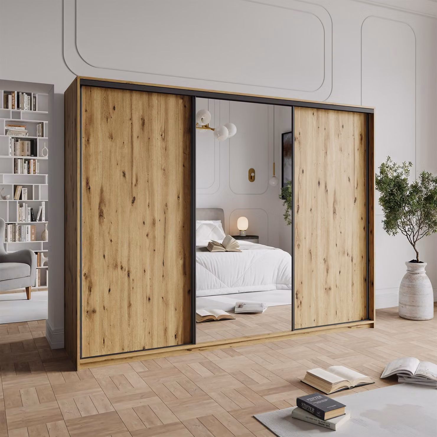 Armadio scorrevole Masseno TAVI 250/205/60 cm Armadio con 4 cassetti Armadio per camera da letto a 3 ante con specchio Rovere Artisan