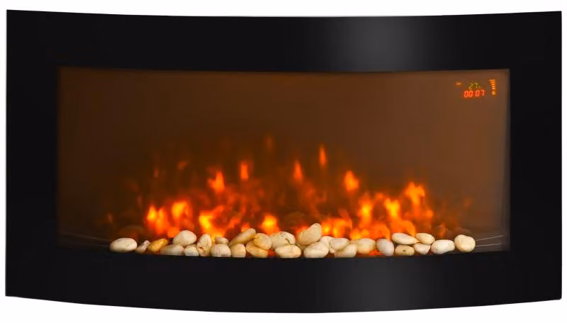 Camino elettrico da parete con fiamma LED e riscaldamento | Colore: nero | Dimensioni: 89,2 x 13,5 x 48 cm