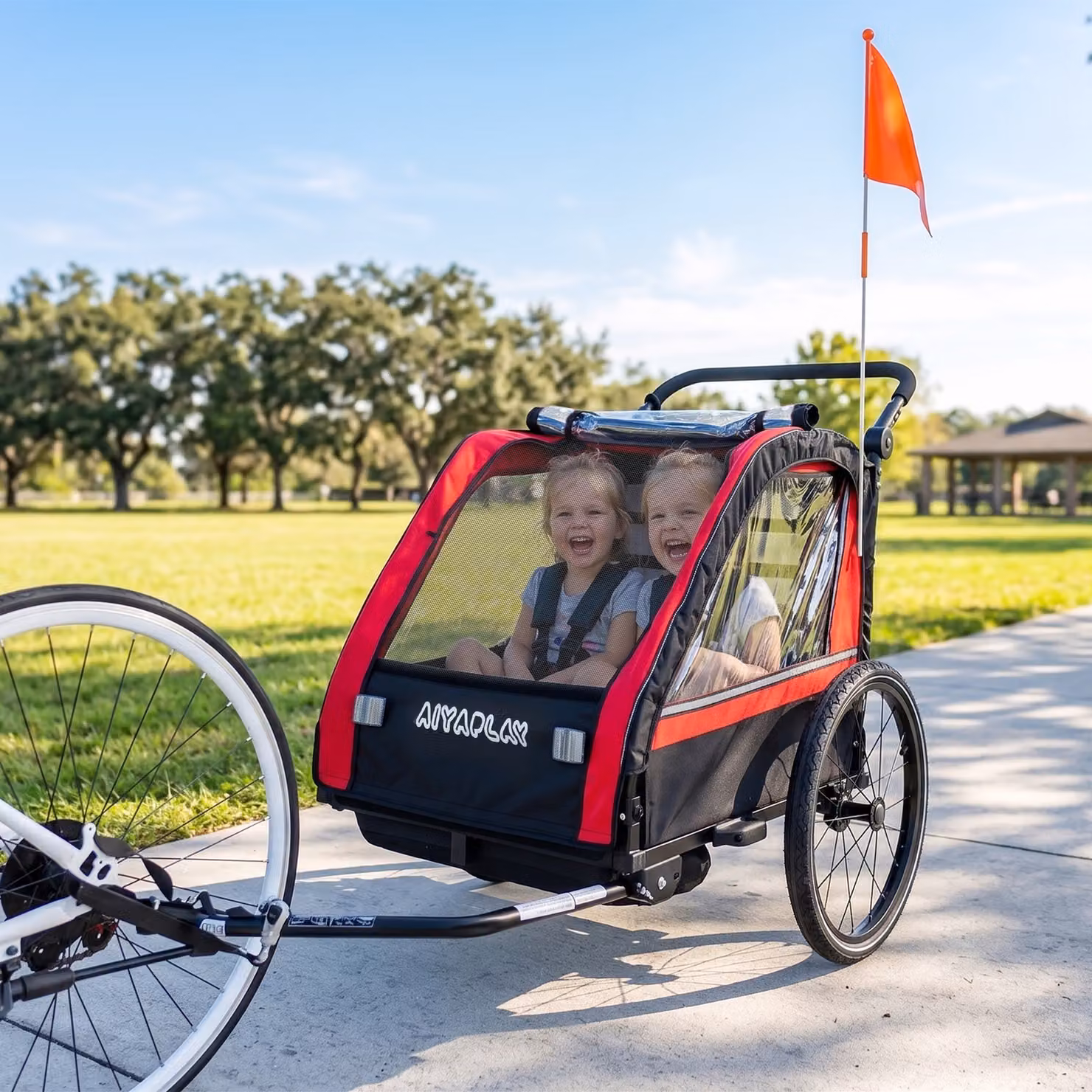 AIYAPLAY Rimorchio Bici per Bambini 2 in 1 e Passeggino a 2 Posti con Manubrio Regolabile e Freno a Mano, Rosso – 2
