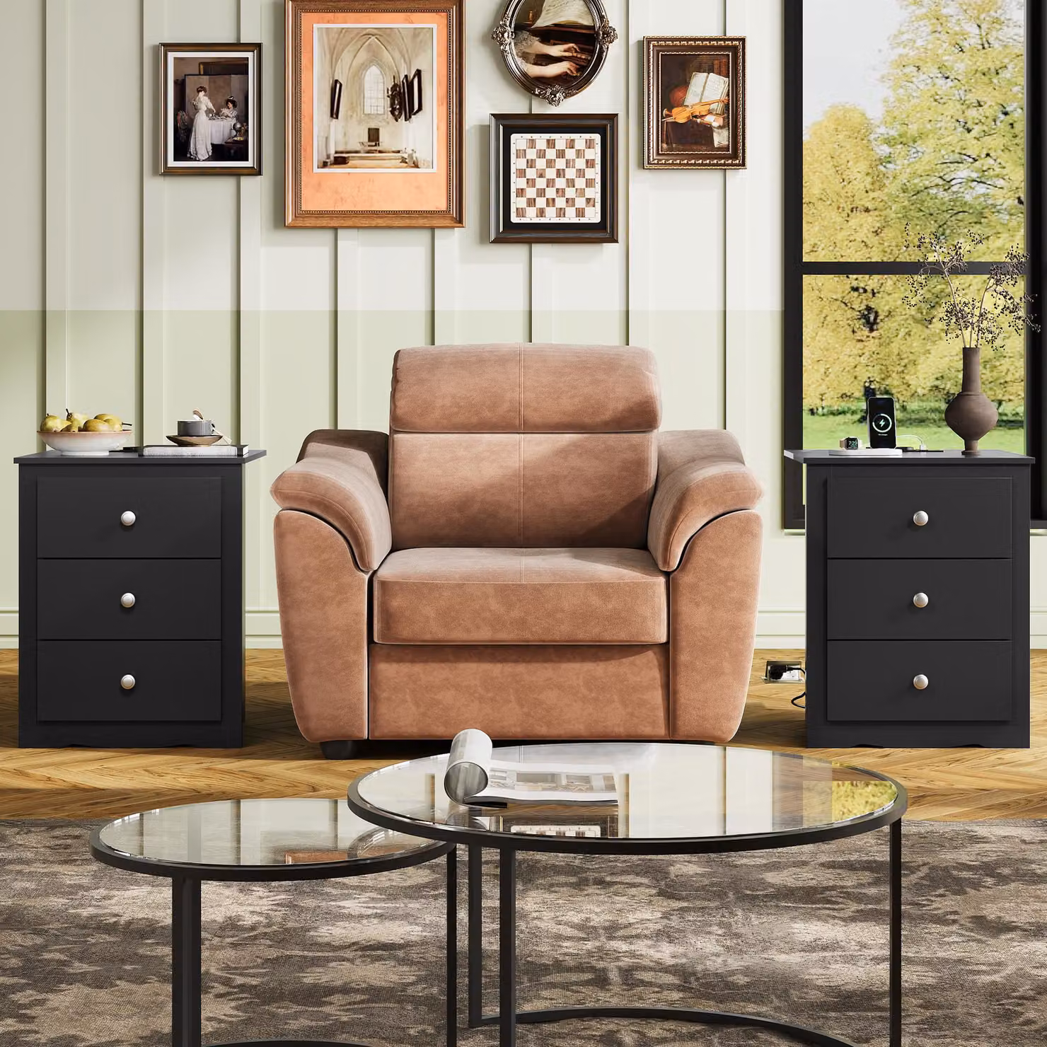 Comodino Aosom con 3 cassetti e stazione di ricarica integrata, design moderno rustico, Nero, L: 46,5 cm, P: 39,6 cm, H: 58,7 cm – 2