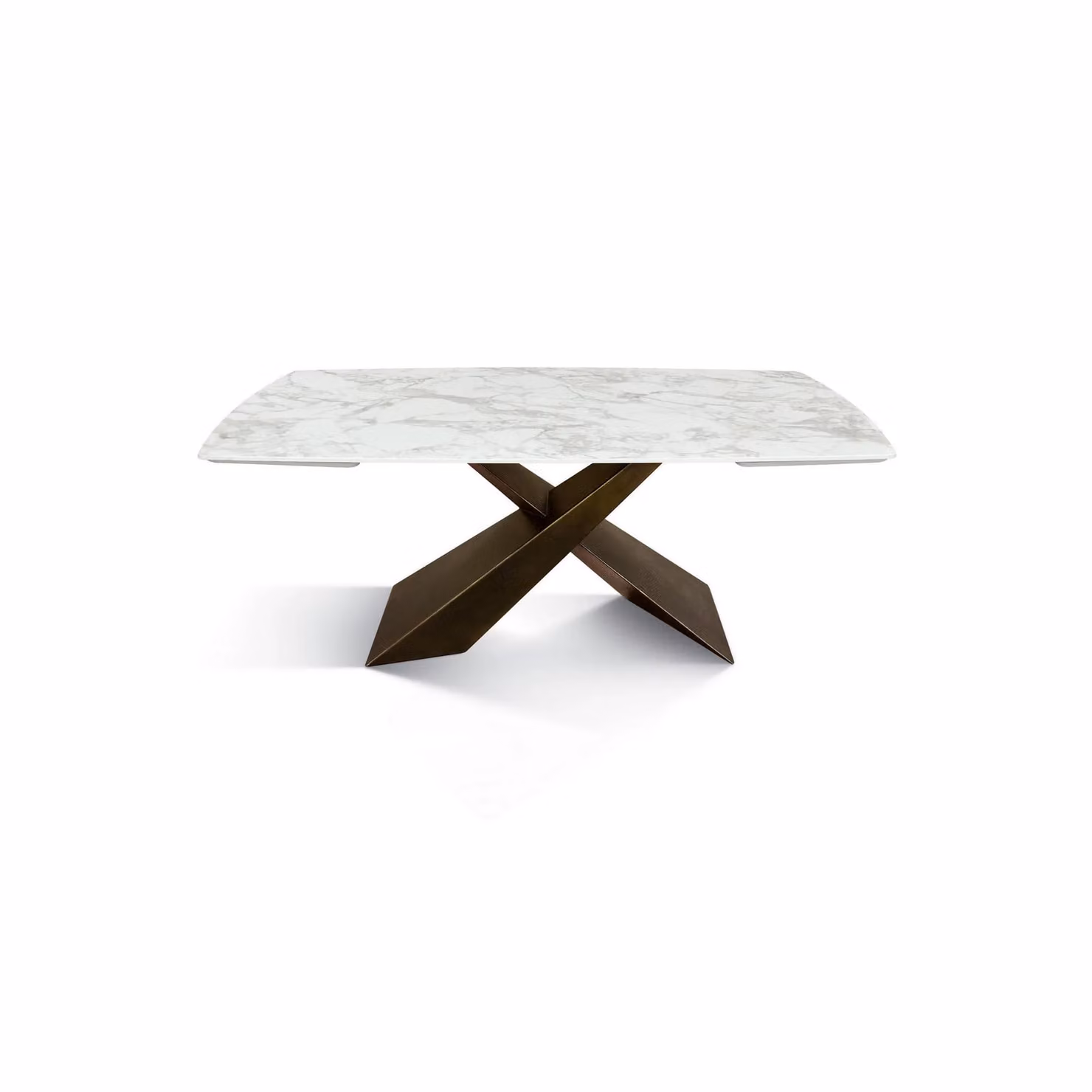 Tavolo FIGARI in vetroceramica bianco arabesco con gambe a X in metallo bronzo, allungabile 160×90 cm – 240×90 cm
