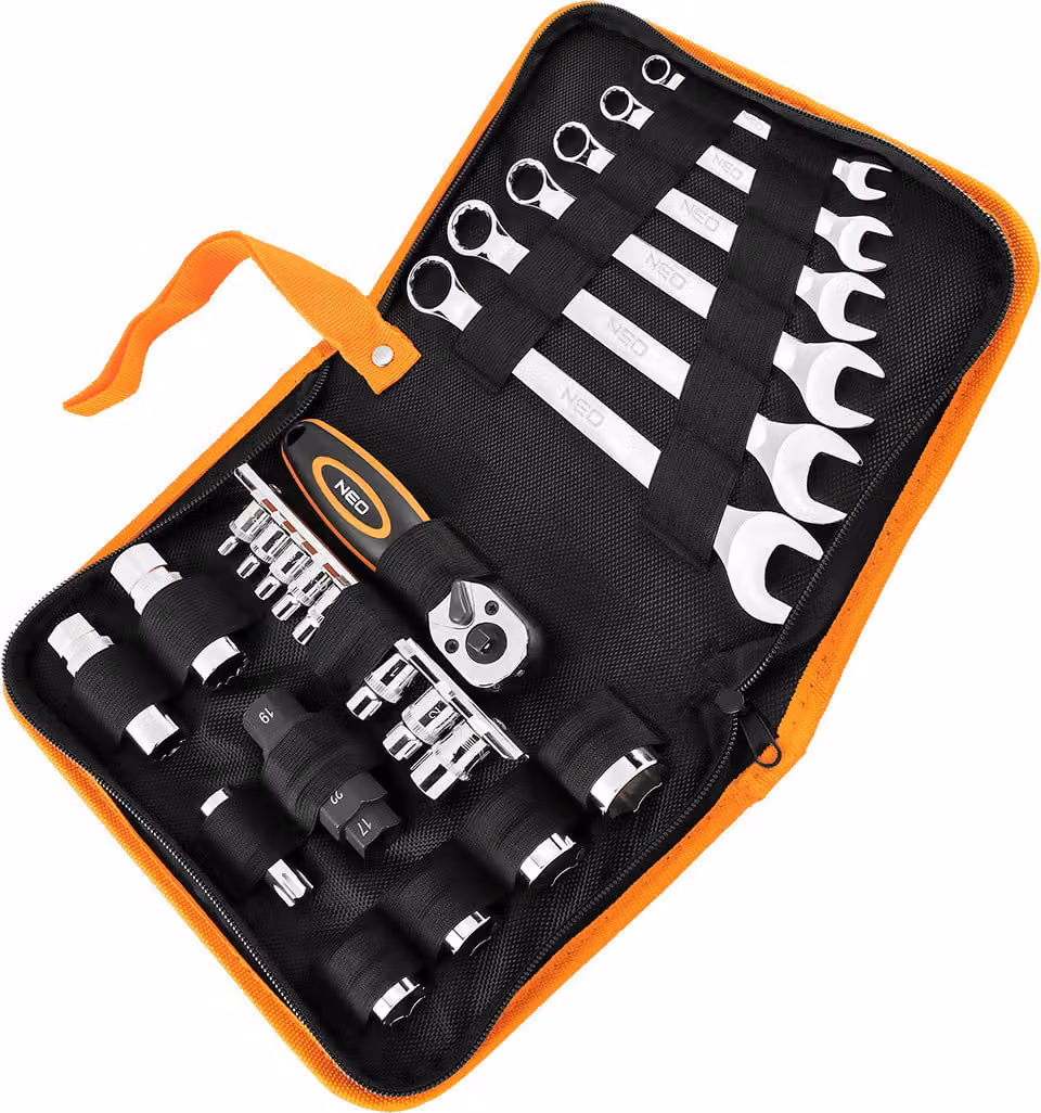 Set di attrezzi per moto NEO TOOLS - 25 pezzi. - Valigetta morbida; per moto di varie marche e modelli; per professionisti e amanti del fai da te