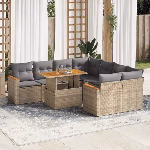 Set Divano da Giardino a L vidaXL in Polyrattan e Legno di Acacia con Cuscini Beige e Grigio, 9 Pezzi