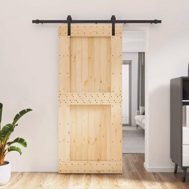 Porta scorrevole moderna vidaXL in legno e acciaio, colore naturale e nero, L: 90 cm, H: 210 cm – 1