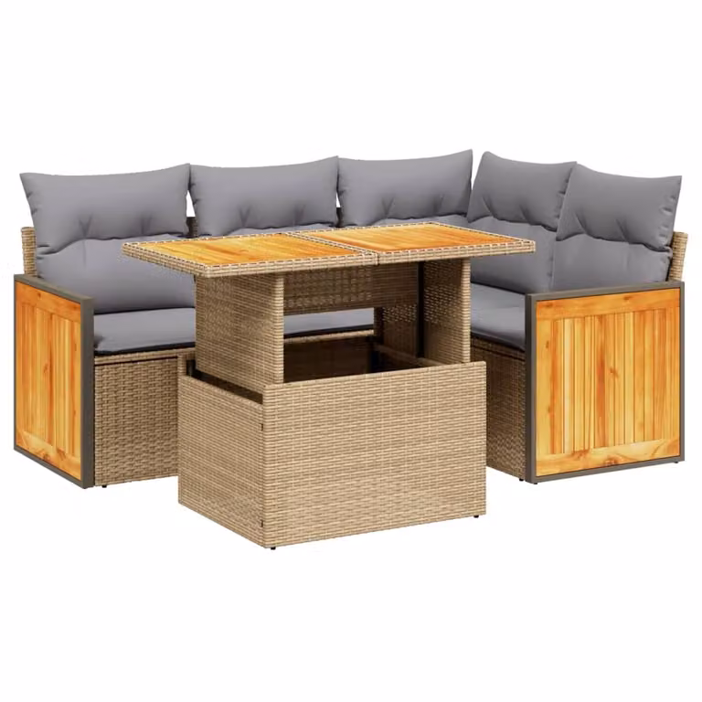 Set Divano da Giardino 5 pz con Cuscini Beige in Polyrattan