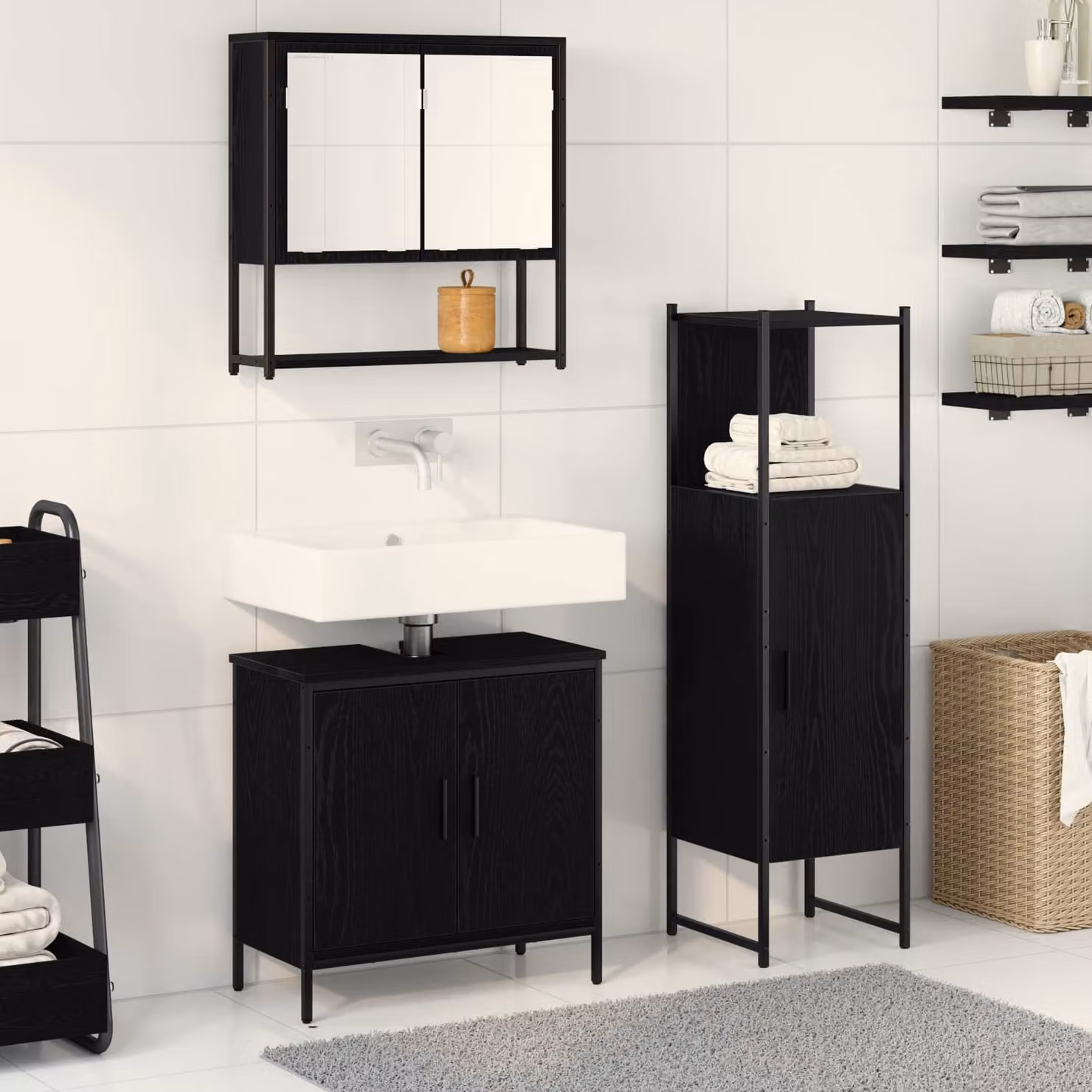 Set di mobili per il bagno vidaXL 3 pezzi Nero Opaco L/P/H: 33 x 33 x 113,5 cm