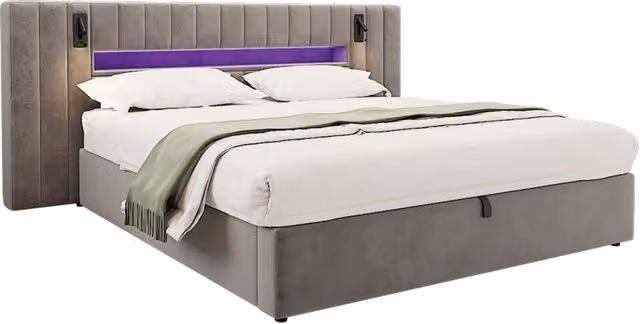 Letto 2 posti 160x200 cm in velluto grigio con contenitore e rete a doghe， senza materasso