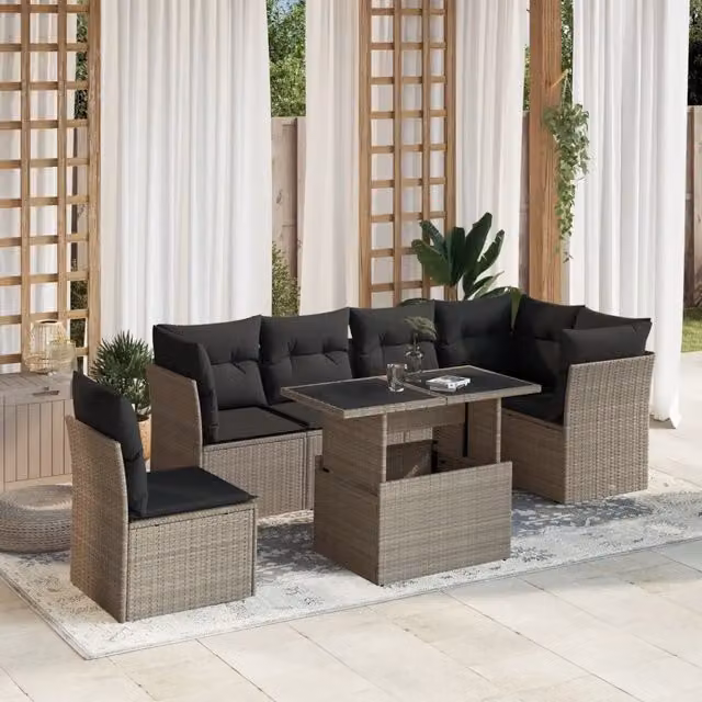 Set Divani da Giardino 7pz con Cuscini Grigio Chiaro Polyrattan 3266622