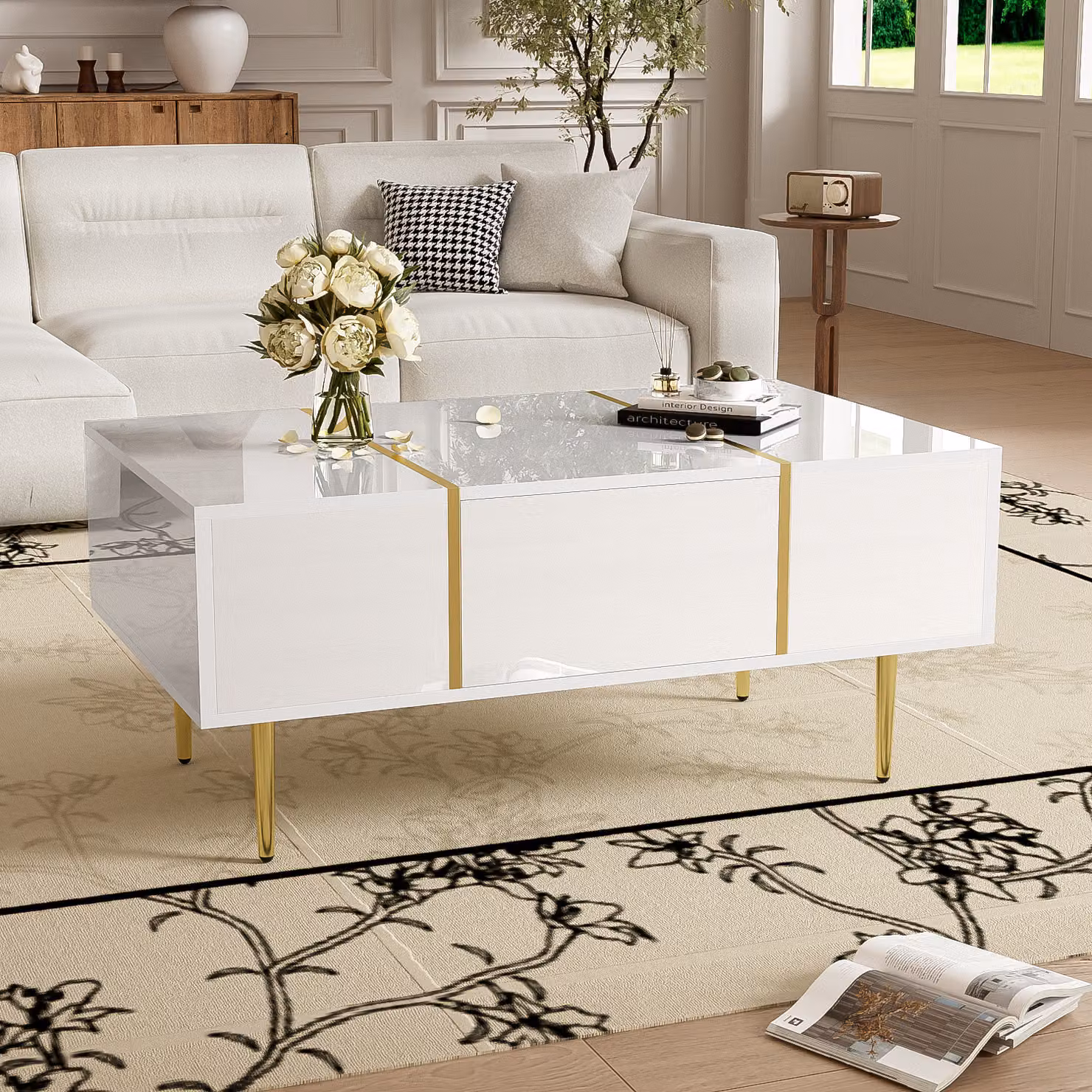 Merax Tavolino moderno in bianco lucido, 2 cassetti, con accenti dorati ed elementi metallici dorati, tavolino da 100 x 60 x 41,5 cm