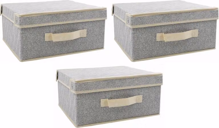 MSV Set di 3 contenitori pieghevoli con coperchio Contenitore portaoggetti Cestello da scaffale Cassa pieghevole Cestello inseribile Cassa giochi Grigio - 41 x 35 x 20 cm