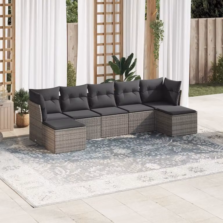 vidaXL Set di Divani da Giardino 7 pz a Forma di L in Polyrattan Grigio con Cuscini e Struttura in Metallo