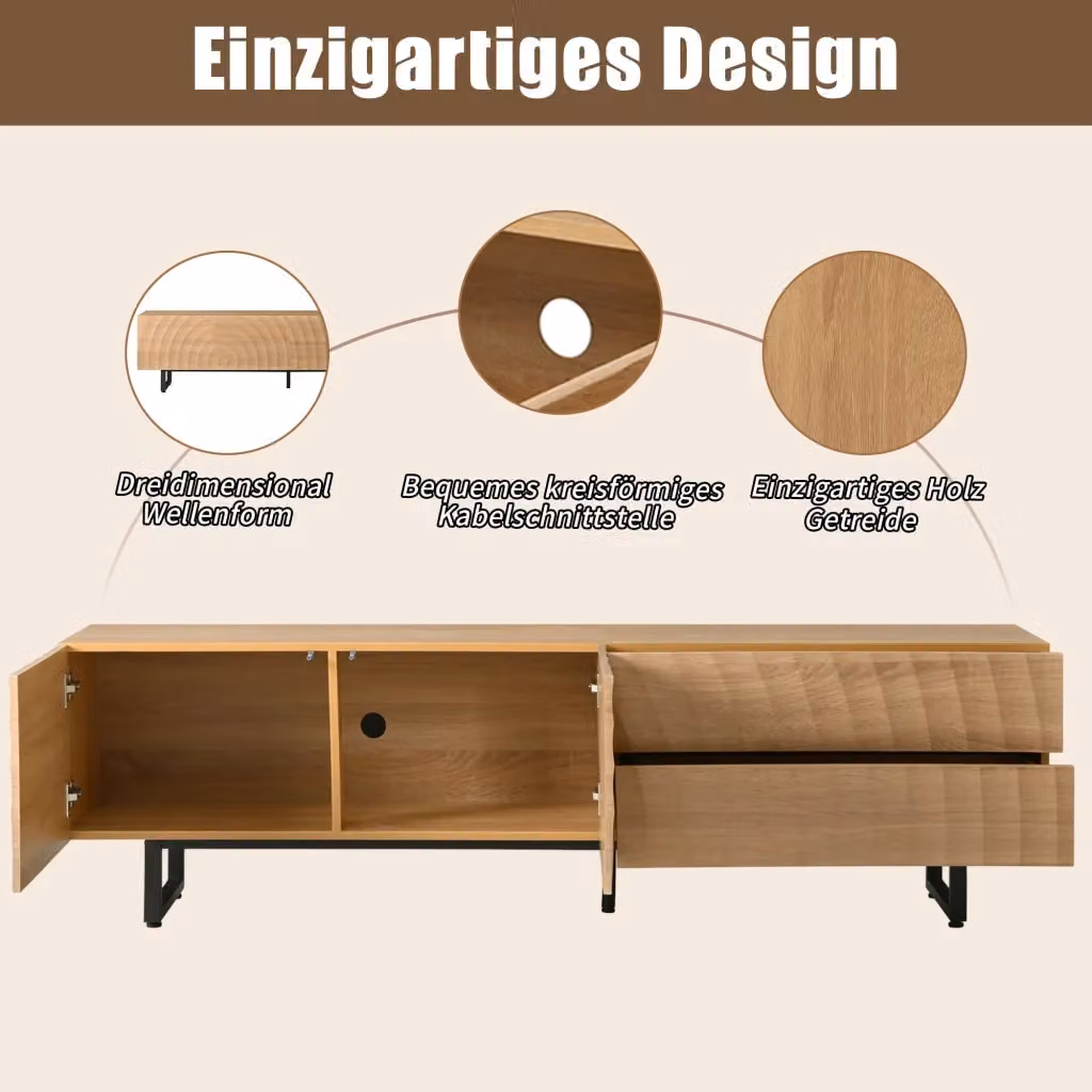 Mobile TV REDOM in stile scandinavo in legno ingegnerizzato naturale con ante e cassetti, L: 180 cm, P: 38 cm, H: 51,5 cm – 2