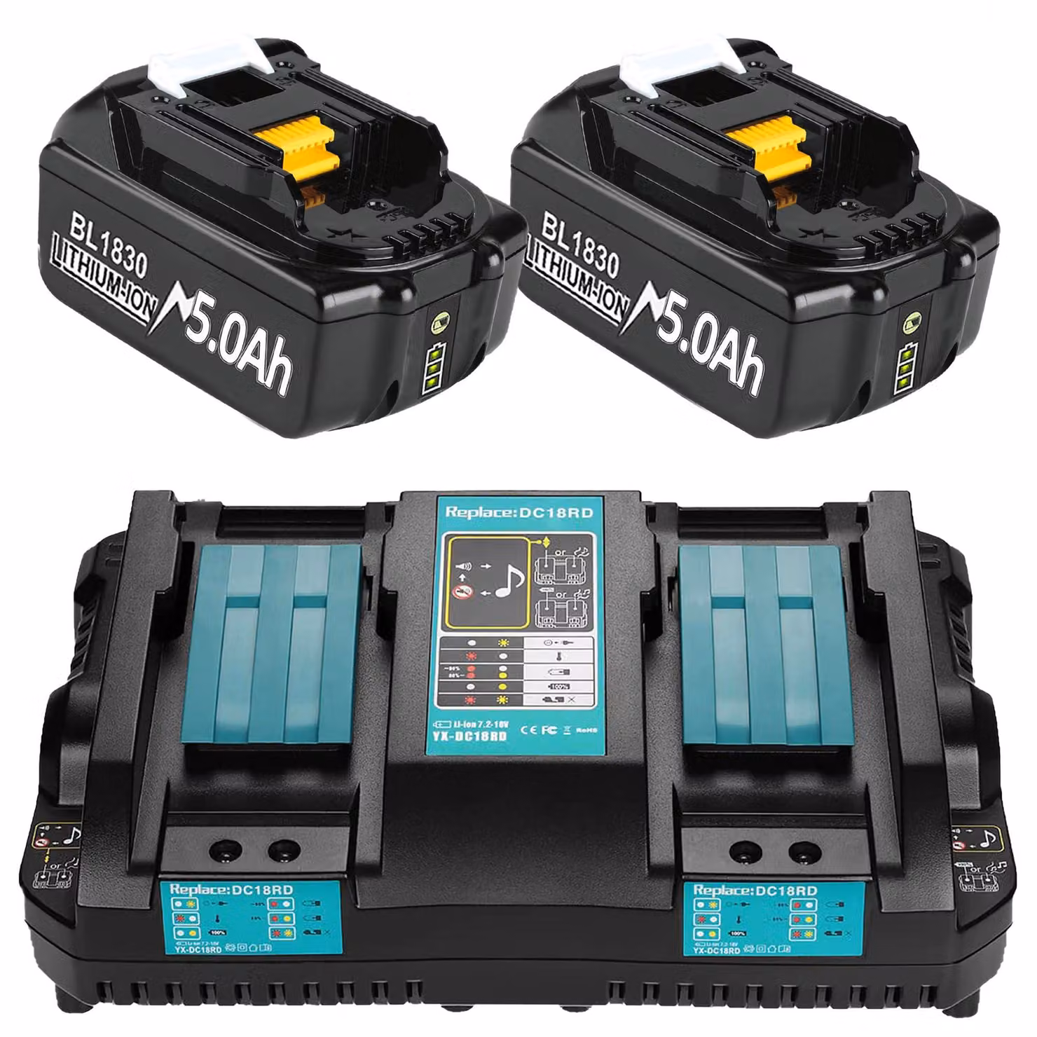 2 batterie da 18 V, 5,0 Ah, e un caricabatterie da 6A per utensili da 14,4–18 V