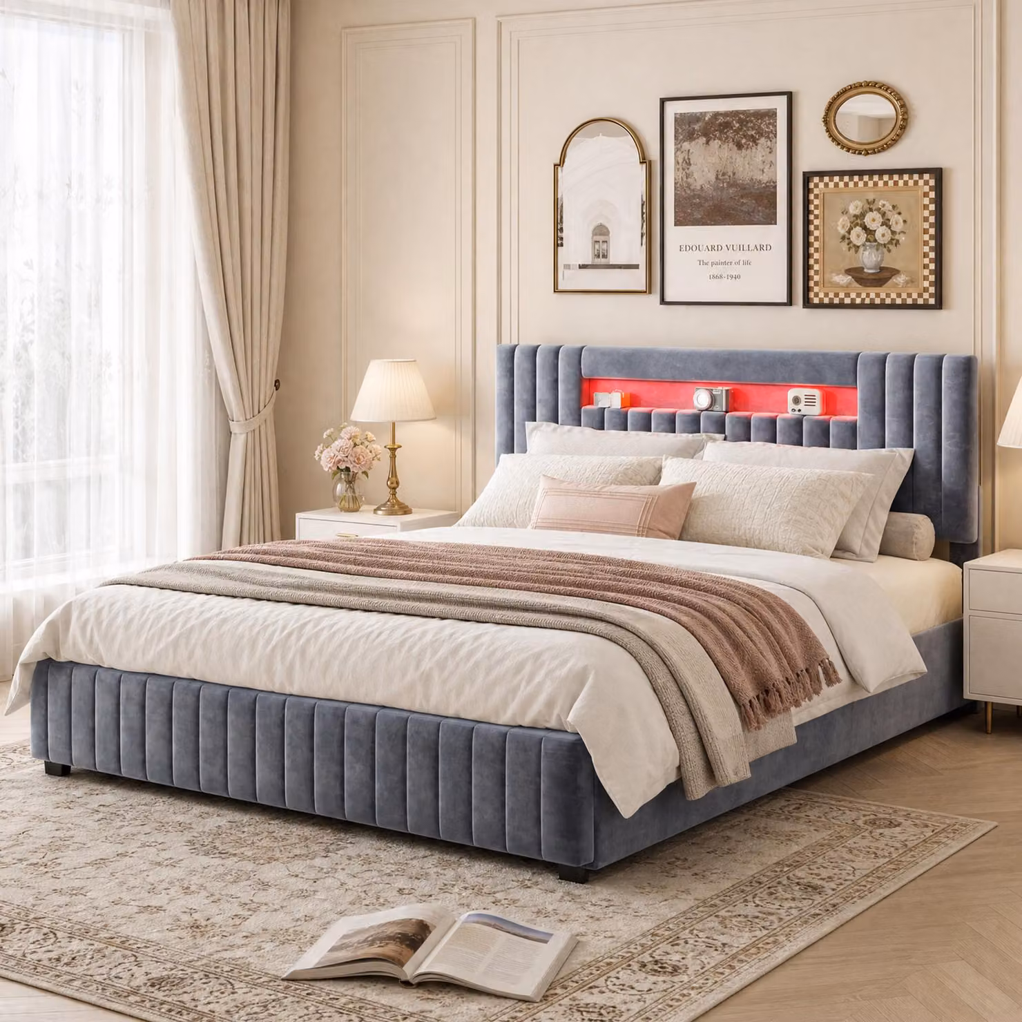 Letto con rete a molle INONEFT, 160x200 cm, con sistema di sollevamento idraulico, spazio contenitivo, luci LED e prese USB, imbottito con testiera, letto matrimoniale, letto per ragazzi, in velluto, colore grigio