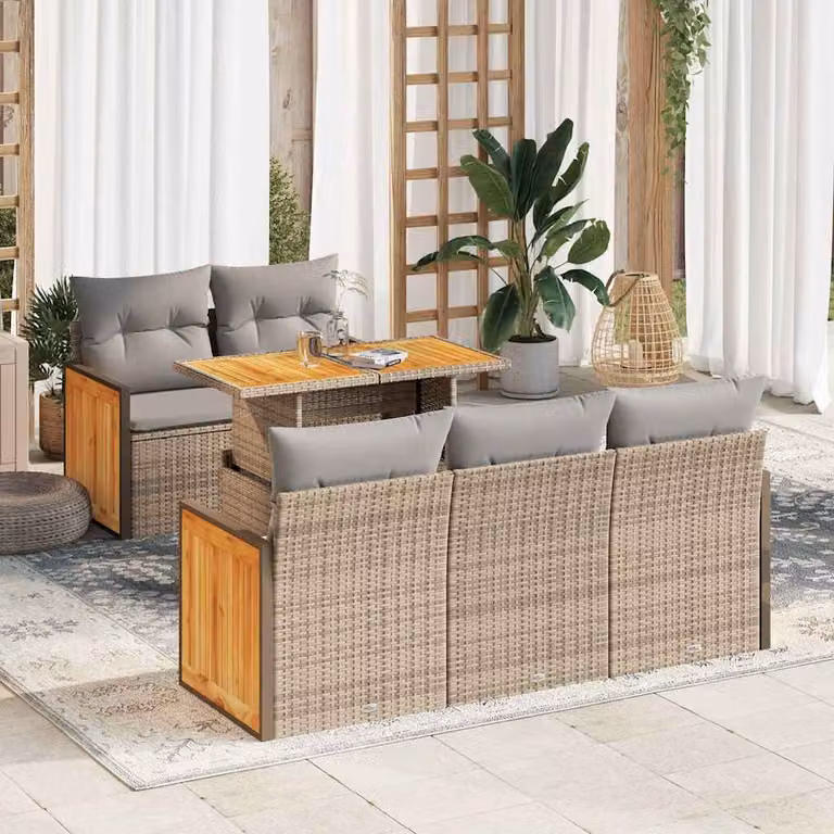Set Divano da Giardino vidaXL 6 pz in Polyrattan e Legno di Acacia con Cuscini Beige e Grigio