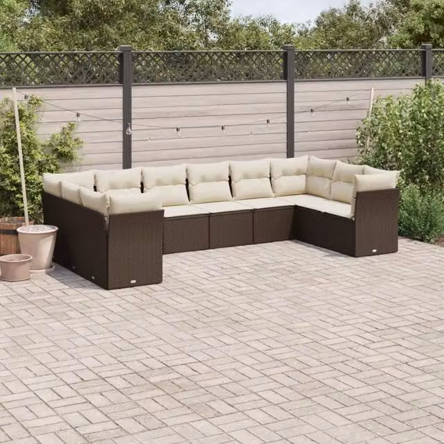 Set Divani da Giardino 10pz con Cuscini in Polyrattan Marrone 3250042