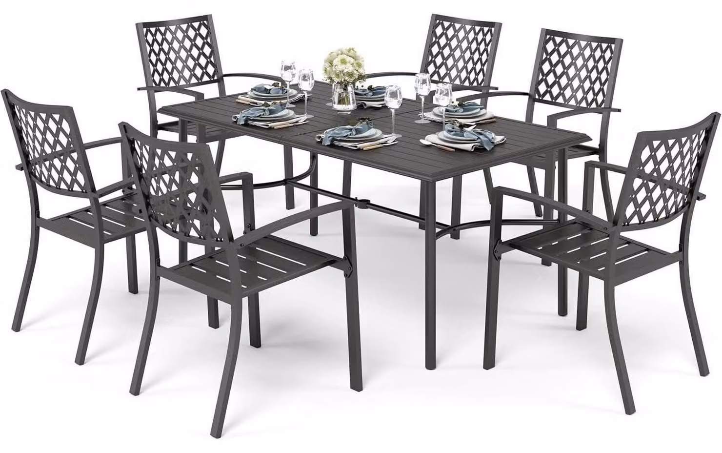 Set di mobili da giardino in metallo, composto da 6 sedie e un tavolo. Tavolo rettangolare da pranzo, sedie impilabili, resistente agli agenti atmosferici, colore nero. Dimensioni: 170x96x74 cm