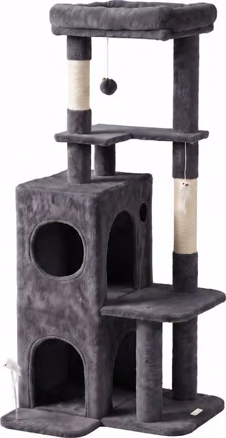 Albero Tiragraffi per Gatti PawHut con 2 Pali in Sisal, Cuccia, Casetta a 2 Livelli e Trespolo, Grigio Scuro, Altezza: 132 cm