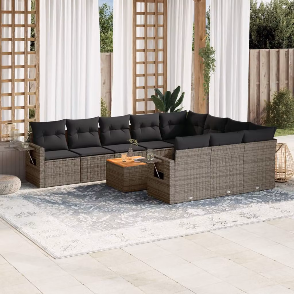 vidaXL Set Divani da Giardino 11 pz in Polyrattan Grigio con Cuscini e Tavolino da Esterno – 1