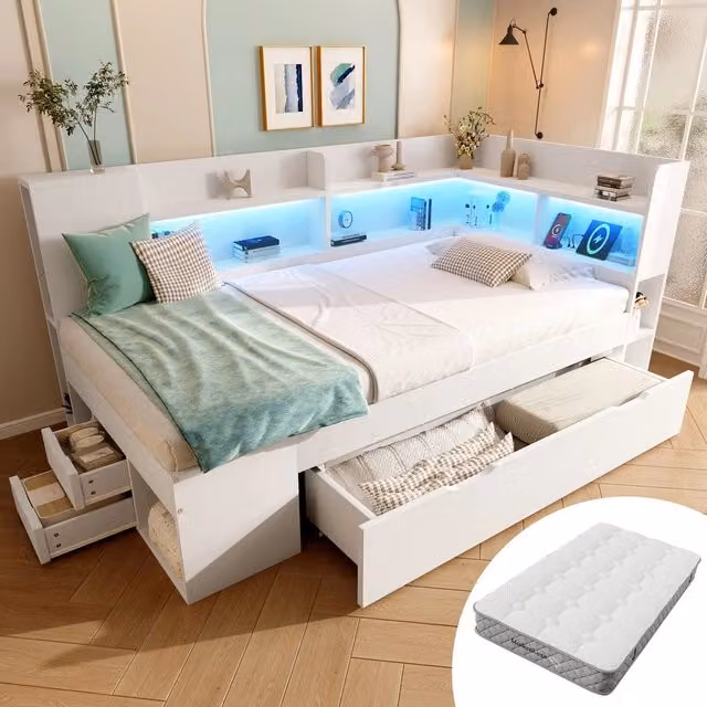 Letto Singolo con LED, USB, Cassetti e Rete a Doghe ¨C MINIMAL ¨C Bianco 90x200, con Materasso