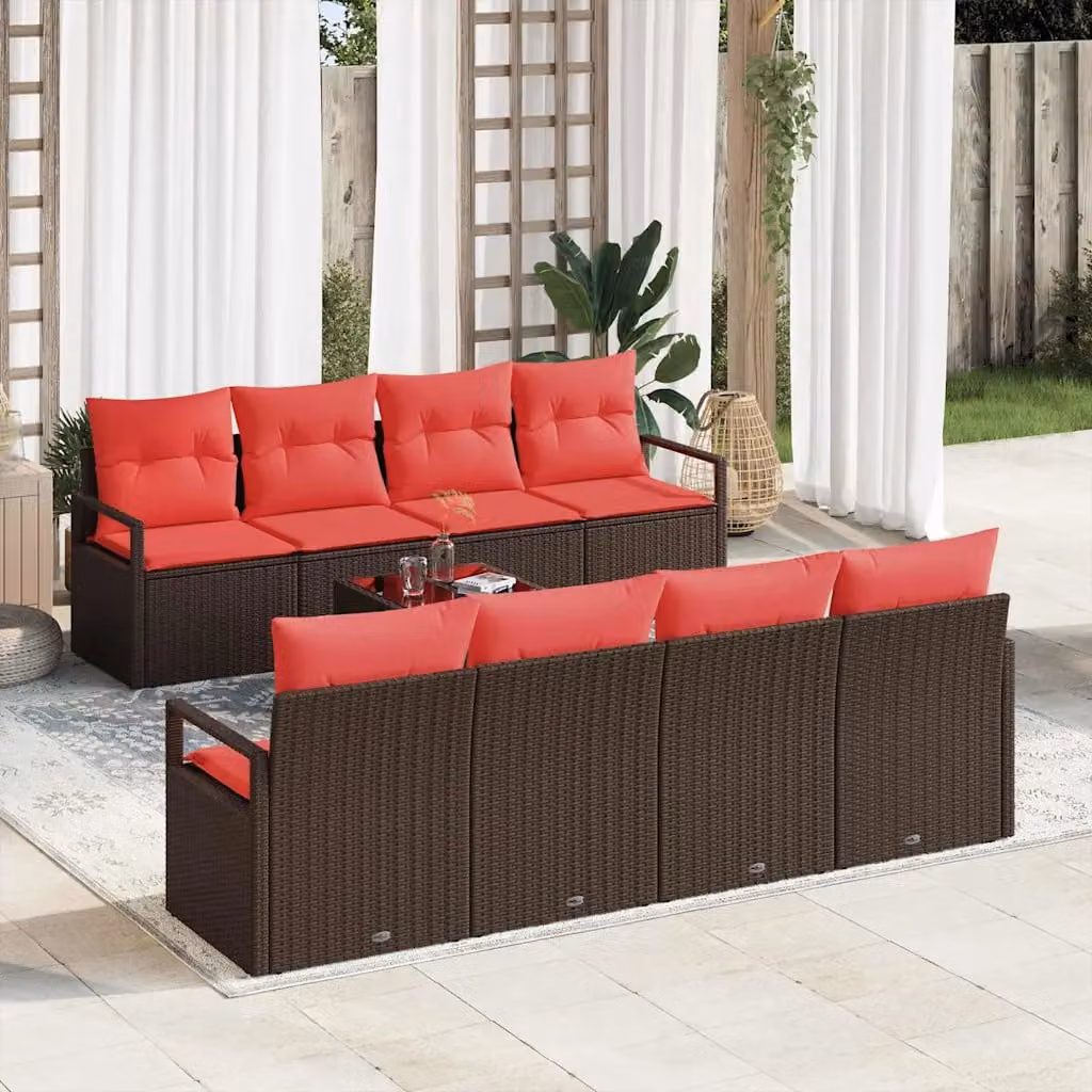 Set di divani da giardino vidaXL da 7 posti in polyrattan marrone e rosso