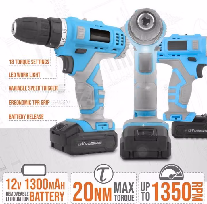 Avvitatore a batteria - Trapano avvitatore a 12V con set di accessori da 50 pezzi e luce LED - Blu