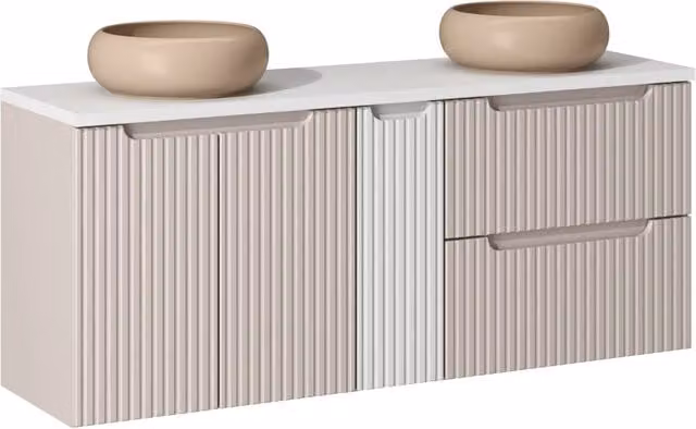 Set mobili bagno Wiki Nova Cashmere beige con piano e 2 lavabi da appoggio, larghezza: 140 cm, profondità: 40 cm