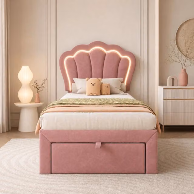 Letto singolo 90x200 cm in velluto rosa con LED RGB; testiera regolabile e cassetto