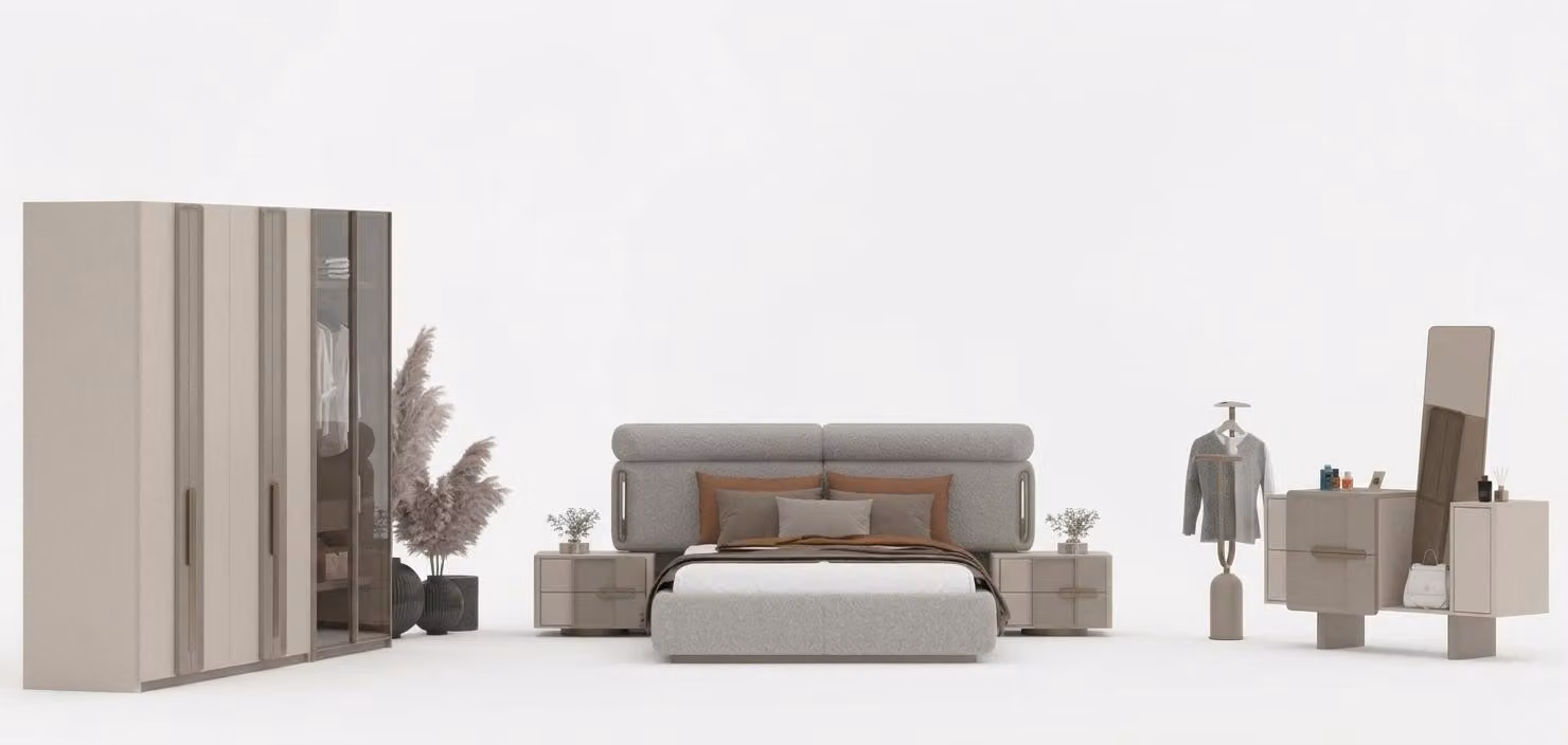 Set da camera da letto in stile moderno, rivestimento in tessuto beige, grande armadio
