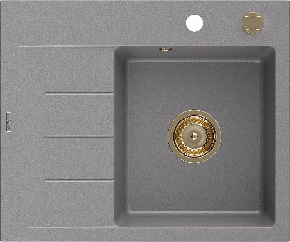 Mexen Ben lavello in granito a 1 vasca con sgocciolatoio, destro 600 x 500 mm, grigio, sifone dorato - 6523605000-71-G