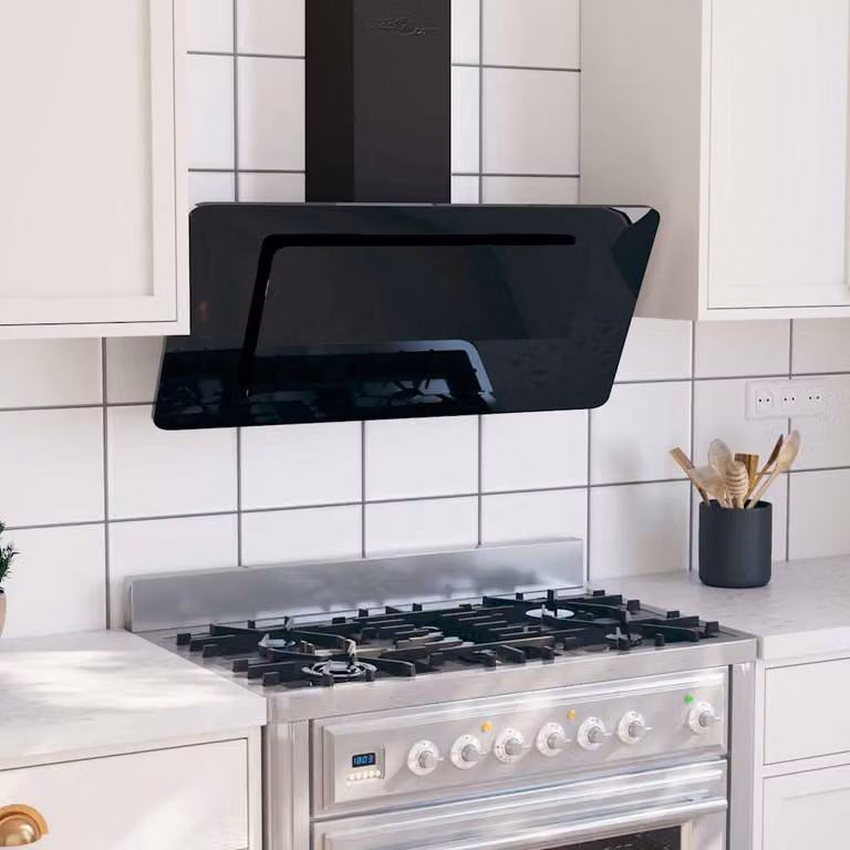 Cappa a parete vidaXL in acciaio inox, vetro e alluminio con display LED, colore nero, L: 90 cm