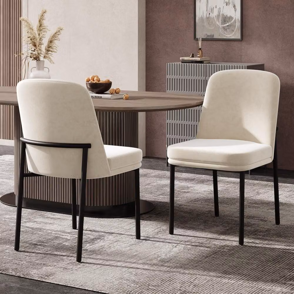 Sedie da pranzo - Sedie - Sedie a conchiglia - Set da 2 - Gambe in metallo nero - Cuscino seduta in cotone beige