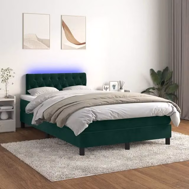 Letto matrimoniale con materasso ibrido vidaXL in velluto verde scuro con illuminazione LED sottostante e porta USB, L/P/H: 120 x 200 cm