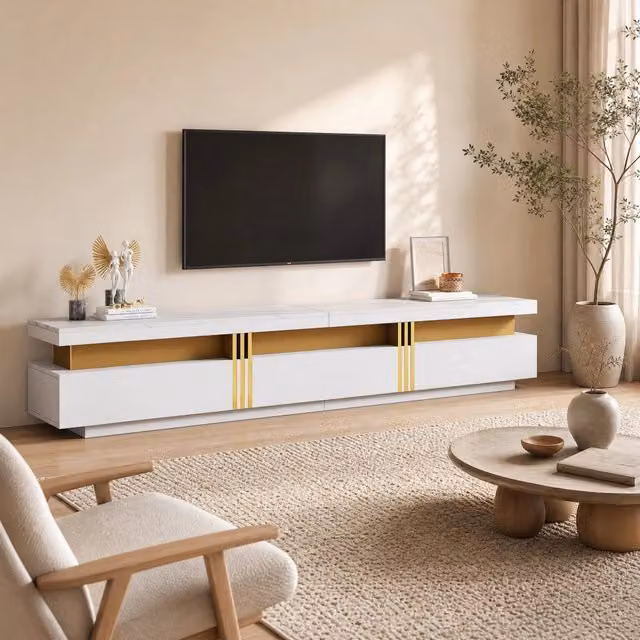 Set mobile TV e tavolino bianco con finitura marmo, armadietti e cassetti in truciolato, stile moderno
