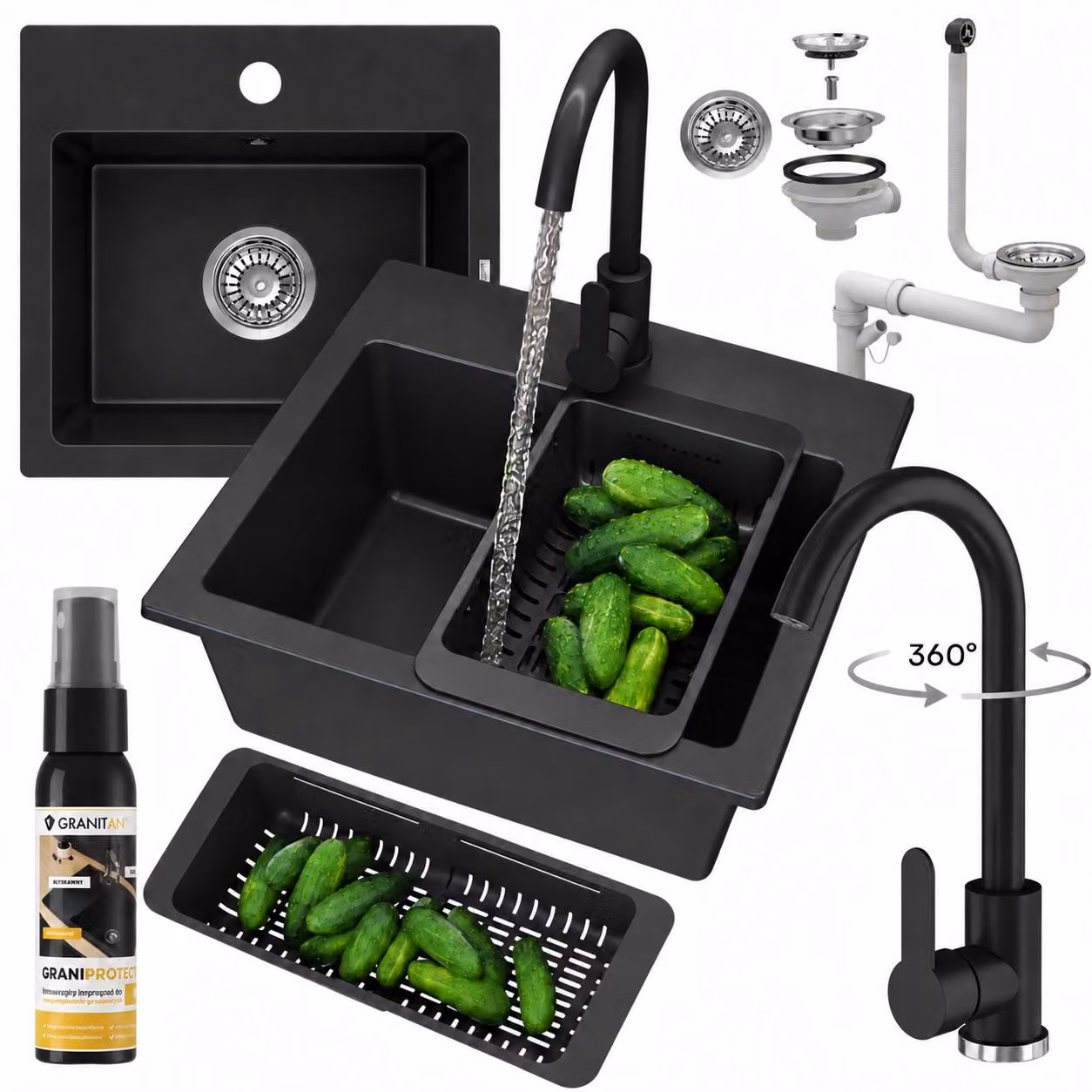 Granitan - Lavello in granito - Lavello da cucina - 44x42 cm - Nero - con rubinetteria PRESTIGE e accessori - Lavello - TEOR