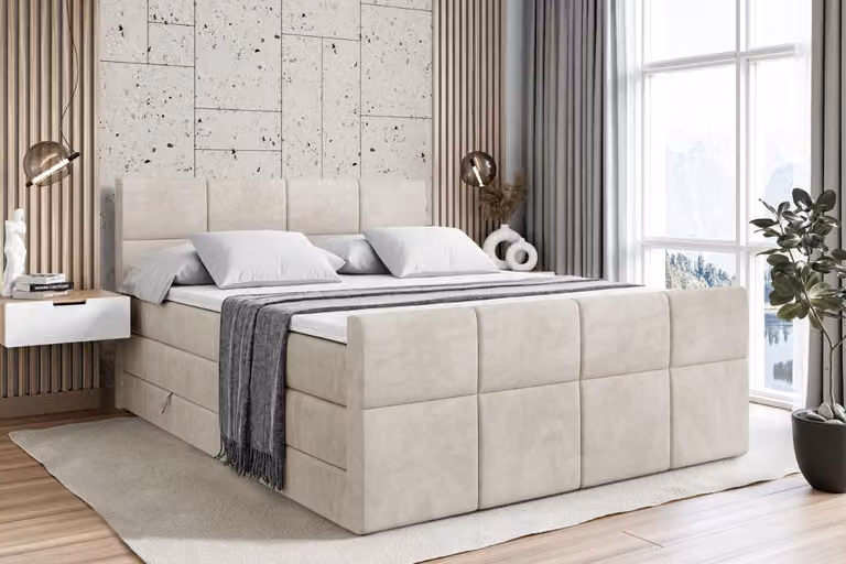 Letto boxspring ALTDECOR con pediera, 2 materassi e topper - 140x200 cm - ARDENI-Z KING - Velluto color taupe - Letto imbottito con materassi H3 e H4, contenitore e rete a doghe, letto con spazio contenitivo