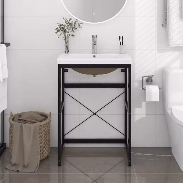 Lavabo da Bagno Moderno vidaXL con Telaio in Metallo e Lavabo in Ceramica Lucida, Colore Nero e Bianco, L/P/H: 83 x 59 x 38 cm – 1