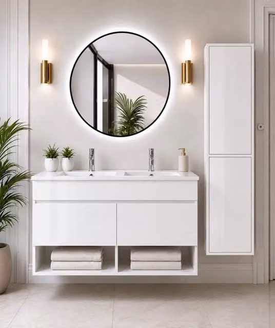 Mobile bagno sospeso con lavabo ORIGENBATH NEBARI con ante con colonna 120x45 cm doppio lavabo bianco con colonna