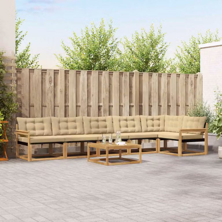 Set di divani da esterno vidaXL 7 pz in legno di acacia con tavolo da caffè e cuscini, Bianco e Beige