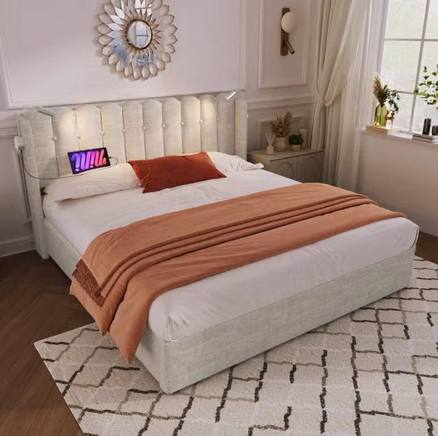 Letto matrimoniale 160x200 cm; testiera con lampada da lettura e USB; lino; colore naturale (Senza materasso)