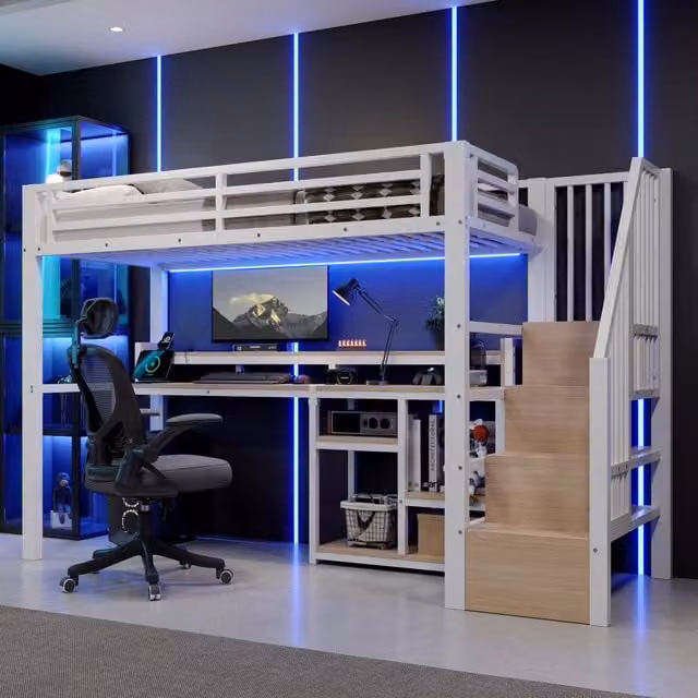 Letto a soppalco singolo MIVRAY bianco con scala armadio, ripiani, illuminazione LED multicolore e porte USB/USB-C, L/P/H: 90 x 200 x 255,5 cm