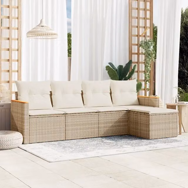 Set Divano da Giardino a L vidaXL in Polyrattan con 5 Pezzi e Cuscini Beige