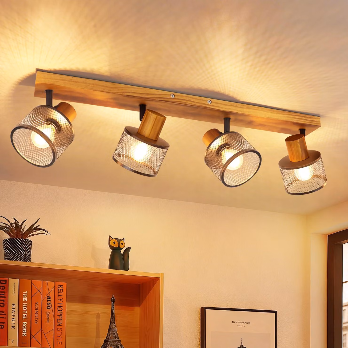 Lampada a soffitto con 4 portalampade E14, stile vintage, realizzata in legno e metallo, colore nero, regolabile