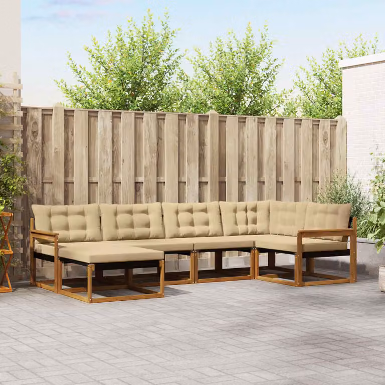 Set di divani da esterno vidaXL a forma di L con 6 pezzi, in legno di acacia trattato e tessuto beige con cuscini inclusi