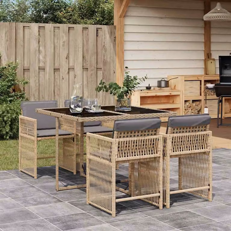 Set Pranzo da Giardino vidaXL in Polyrattan con Cuscini Beige e Grigio e Tavolo in Vetro 5 pz