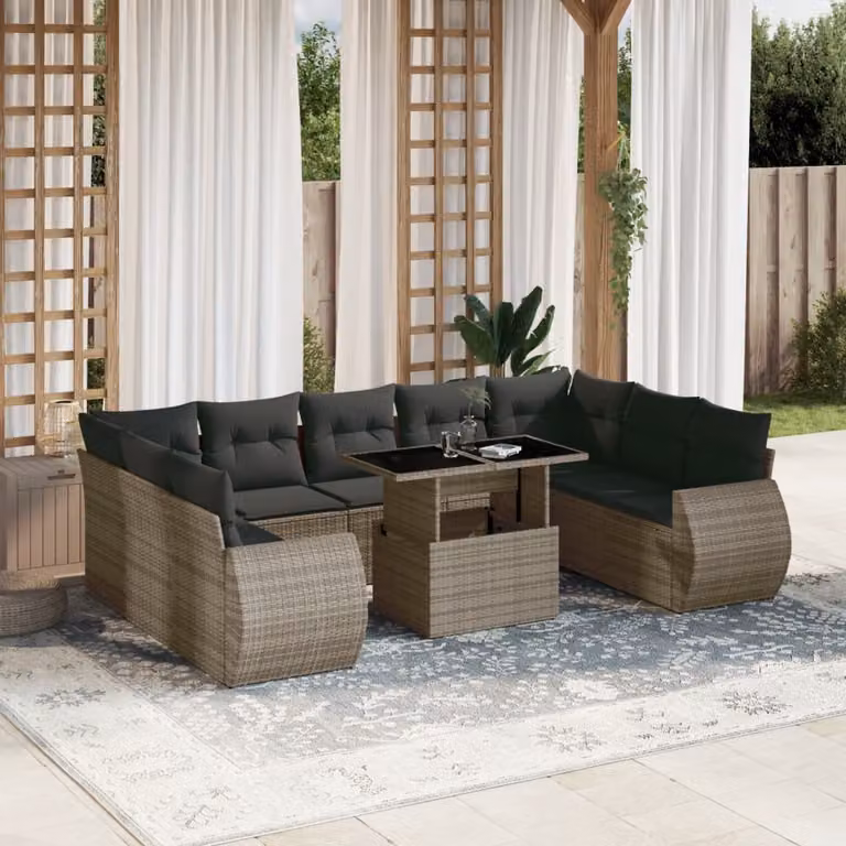 Set Divano da Giardino vidaXL 10 pz a Forma a L in Polyrattan Grigio con Cuscini e Tavolino