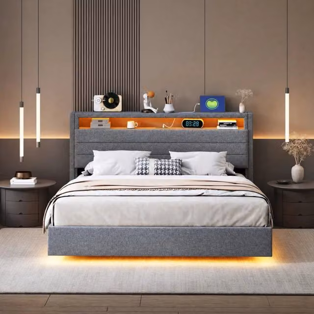 Letto imbottito 140x200 cm grigio in tessuto - contenitore idraulico con LED
