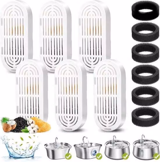 Set di ricambio con filtri al carbone attivo per abbeveratoi per gatti, confezione da 6 pezzi, per abbeveratoi automatici in acciaio inossidabile da 3,2 L/108 oz, con schiuma filtrante adatta inclusa, per abbeveratoi per gatti da 4 L.