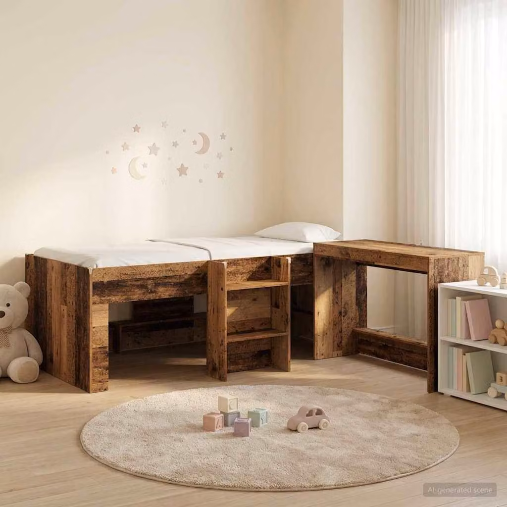 Letto a soppalco esclusivo con scrivania per bambini, 2 pezzi, realizzato in legno di recupero